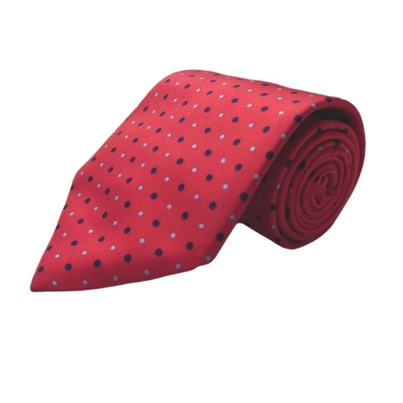 BURBERRY Authentic Classic Silk Tie Red Navy and Light Blue polka dots - Picture 1 of 7